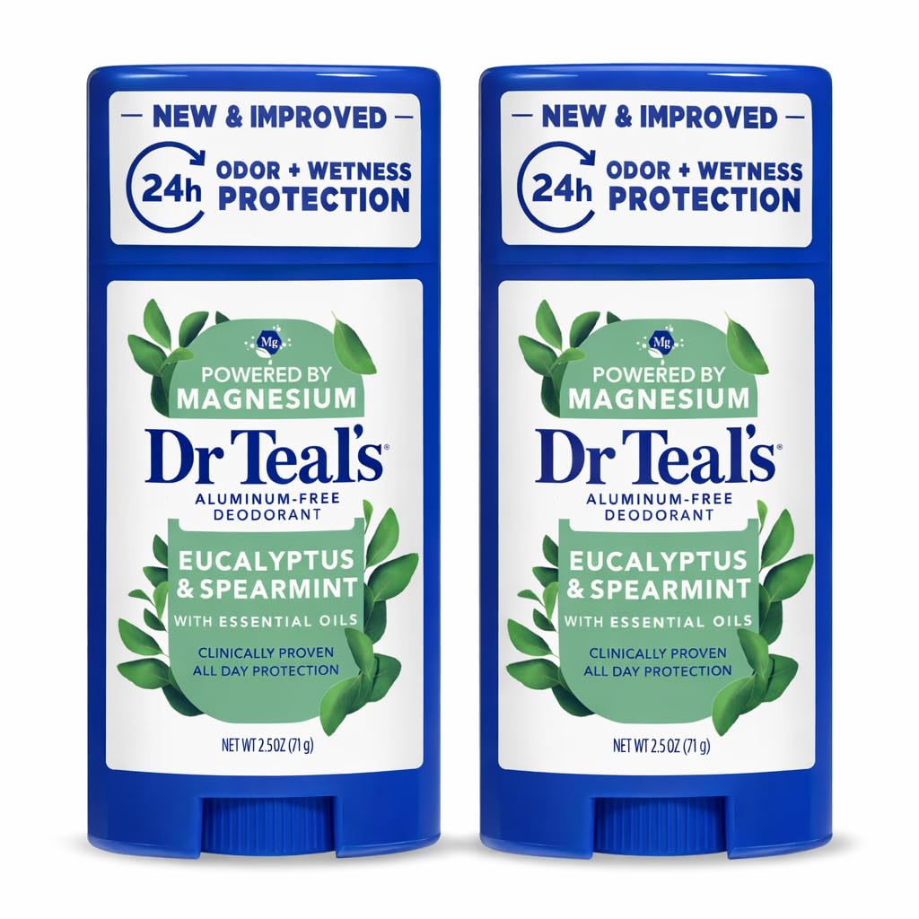Dr Teal's front packaging showing two eucalyptus deodorant sticks and benefits