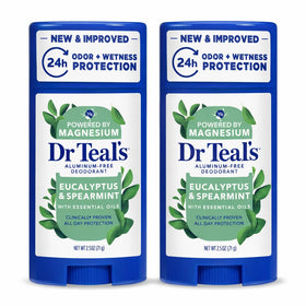 Dr Teal's front packaging showing two eucalyptus deodorant sticks and benefits
