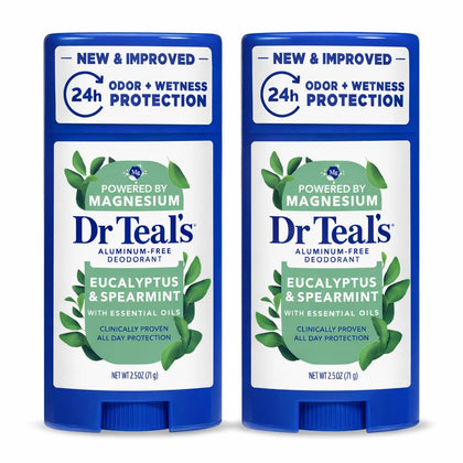 Dr Teal's front packaging showing two eucalyptus deodorant sticks and benefits