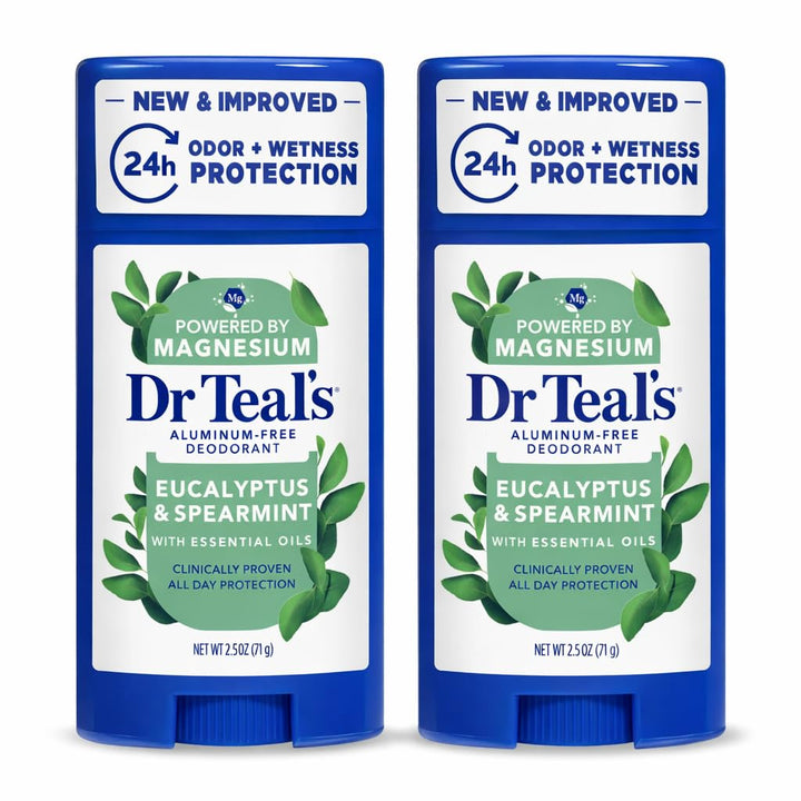 Dr Teal's front packaging showing two eucalyptus deodorant sticks and benefits