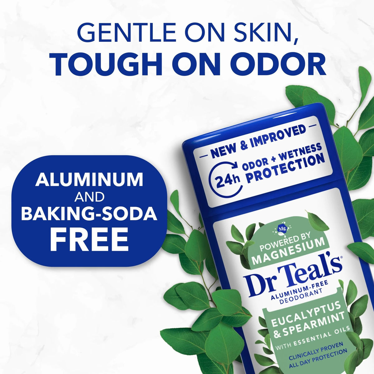 Dr Teal's deodorant held in hand showing compact travel-friendly size
