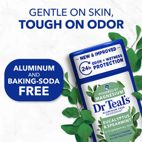 Dr Teal's deodorant held in hand showing compact travel-friendly size