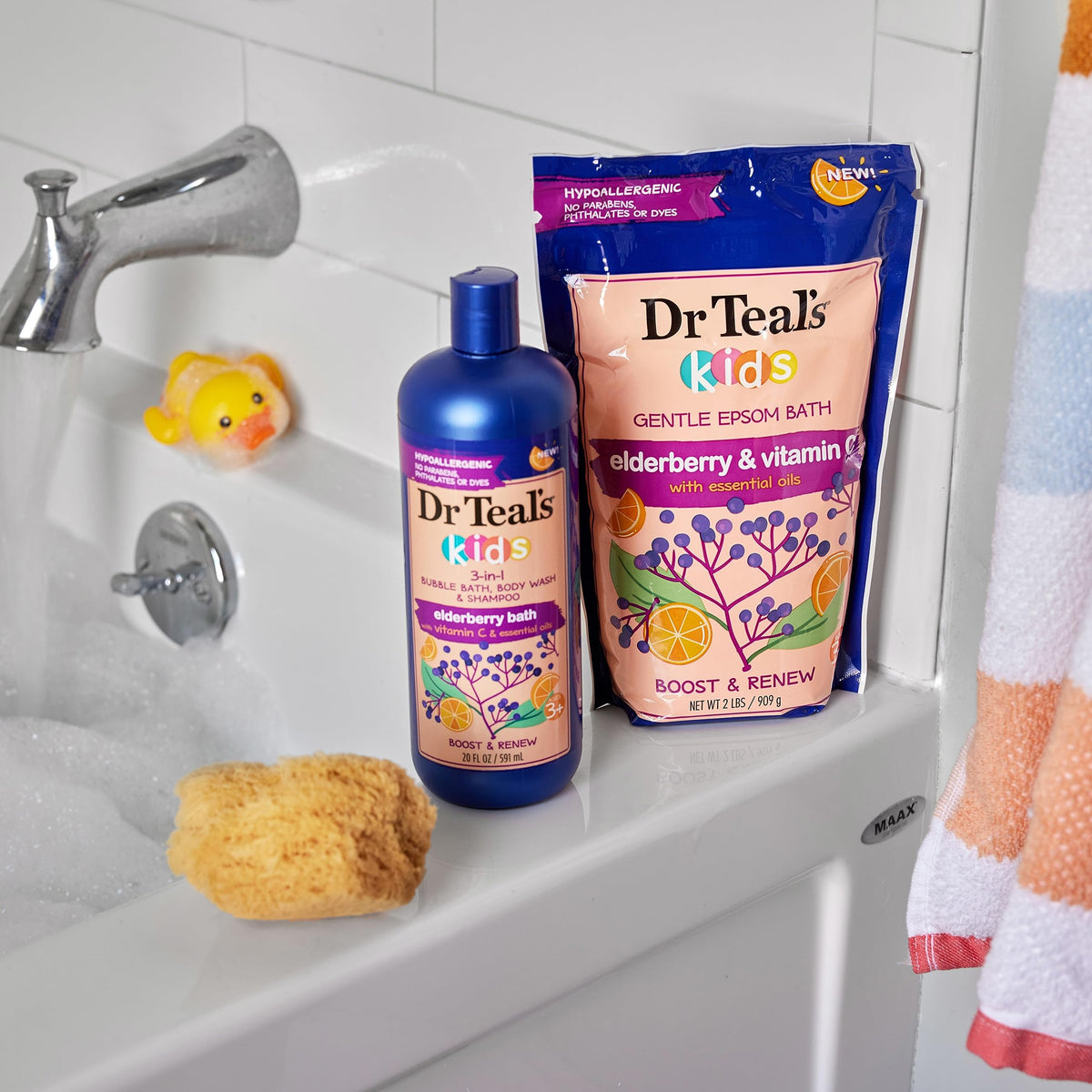 Dr Teal's placed on bathroom shelf with family scene promoting calming bedtime routine