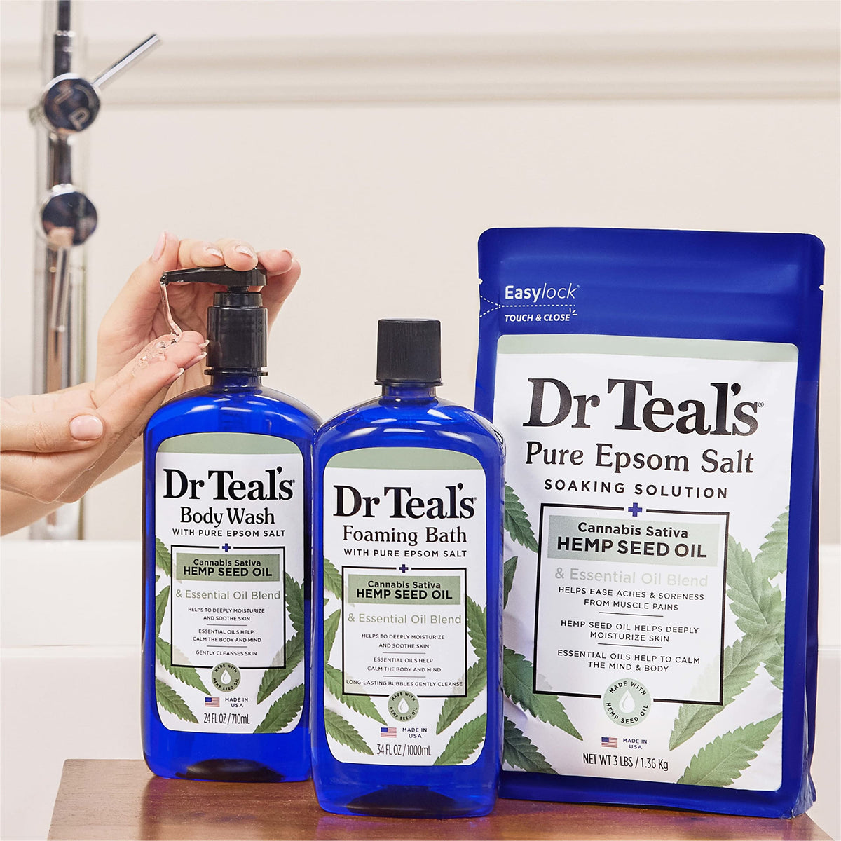 Dr Teal's bottle in styled bathroom, evokes calming at-home ritual