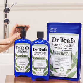 Dr Teal's bottle in styled bathroom, evokes calming at-home ritual