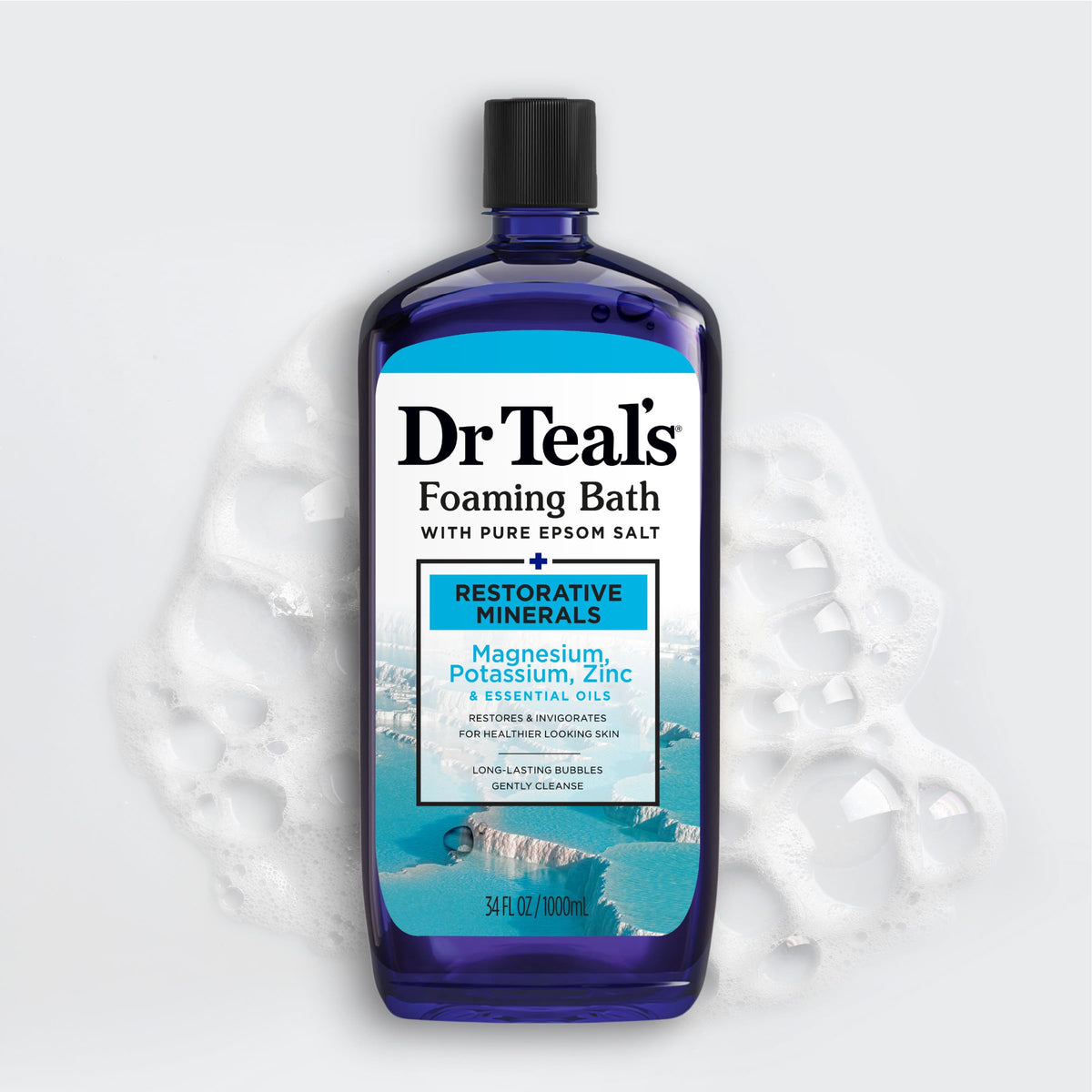 Bathroom scene with Dr Teal's bottle by tub, suggests at-home spa relaxation