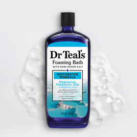 Bathroom scene with Dr Teal's bottle by tub, suggests at-home spa relaxation