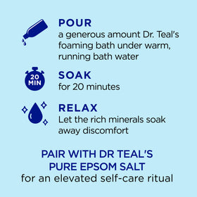 Dr Teal's bottle staged by tub conveying a relaxing soak