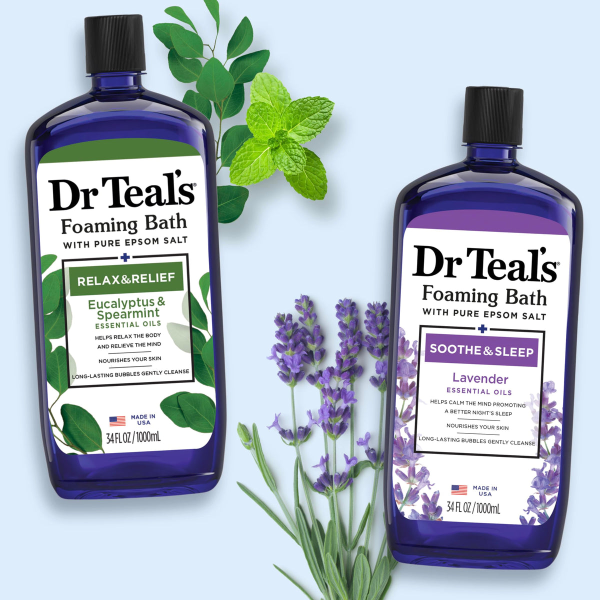 Dr Teal's foaming bath styled in bathroom scene offering spa-like atmosphere at home
