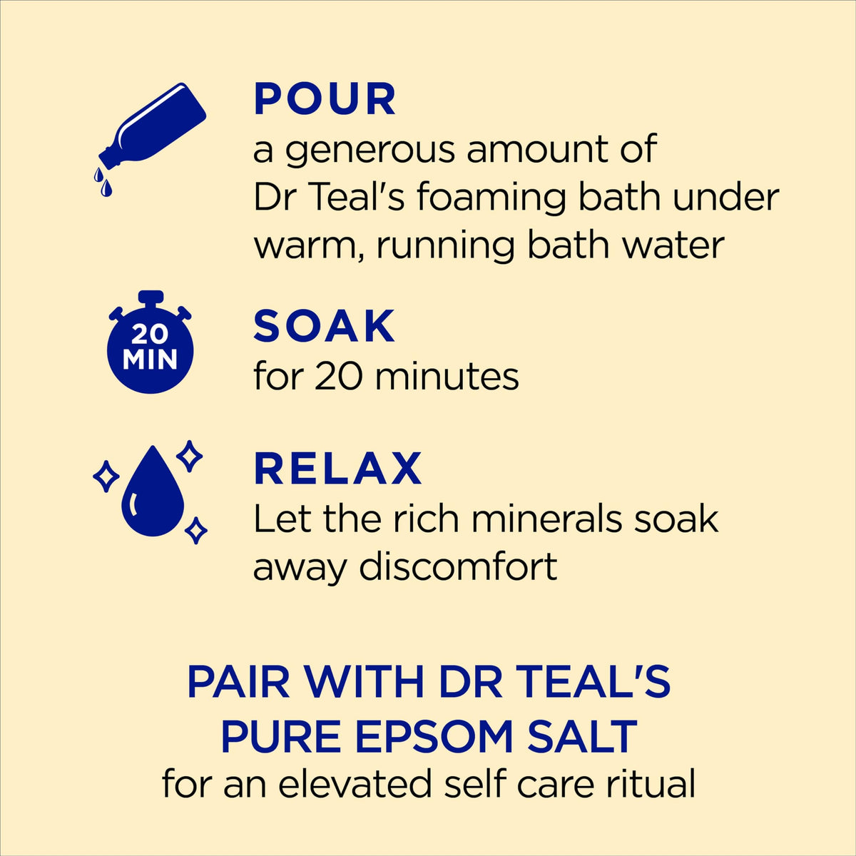 Dr Teal's close-up label highlighting prebiotic lemon balm and Pure Epsom Salt benefits