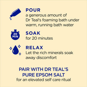 Dr Teal's close-up label highlighting prebiotic lemon balm and Pure Epsom Salt benefits
