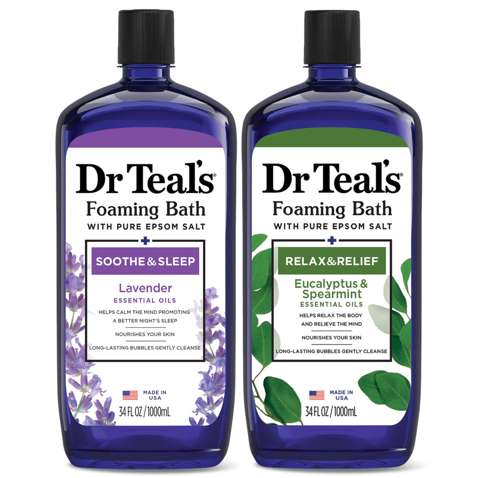 Dr Teal's front packaging showing two 34 fl oz foaming bath bottles and benefit relaxation