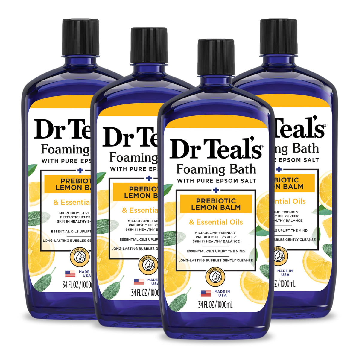Dr Teal's front bottle view showing lemon-scented foaming bath for refreshing soak