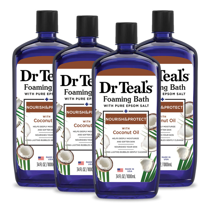 Dr Teal's foaming bath front packaging showing coconut scent and benefits