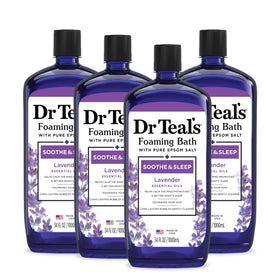 Dr Teal's front packaging showing lavender scent and 34 fl oz size benefit: clear product choice