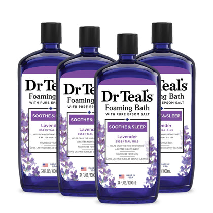 Dr Teal's front packaging showing lavender scent and 34 fl oz size benefit: clear product choice