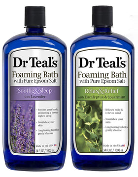 Dr Teal's front packaging showing both foaming bath bottles and gift-ready presentation benefit relaxation
