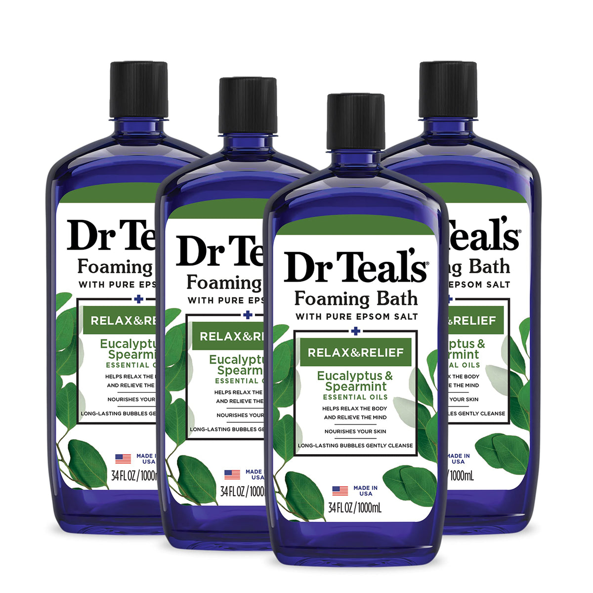 Dr Teal's front bottle showing product and soothing eucalyptus-spearmint scent benefit