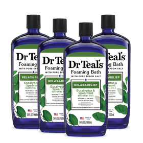 Dr Teal's front bottle showing product and soothing eucalyptus-spearmint scent benefit