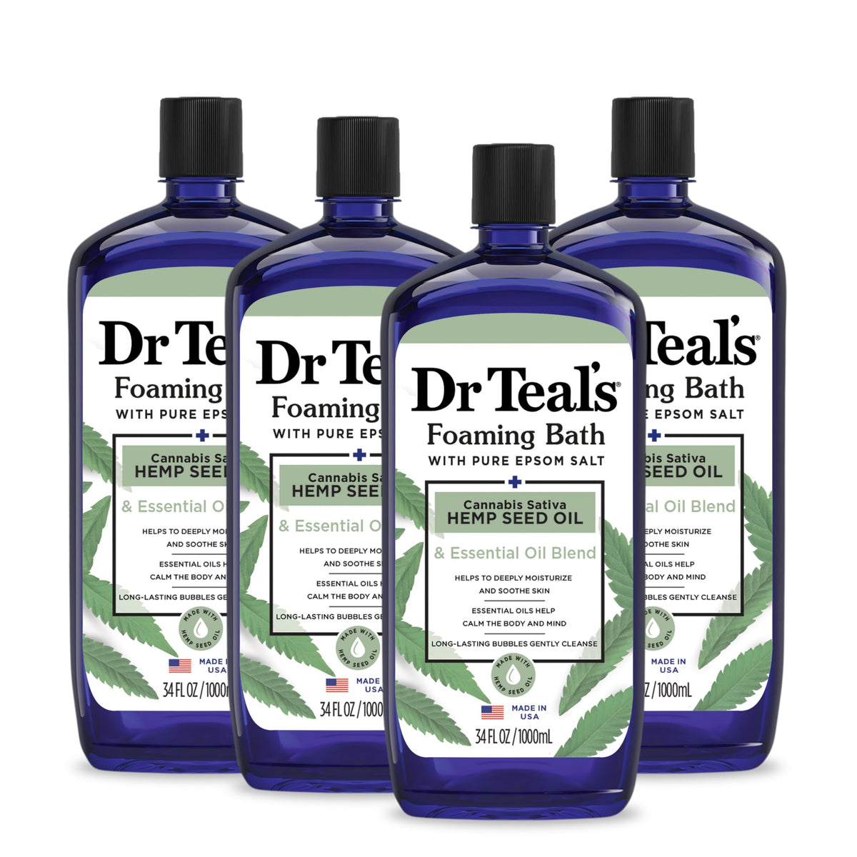 Dr Teal's front packaging showing 34 fl oz bottle, relaxing bath starter
