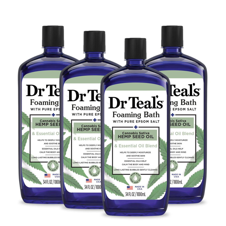 Dr Teal's front packaging showing 34 fl oz bottle, relaxing bath starter