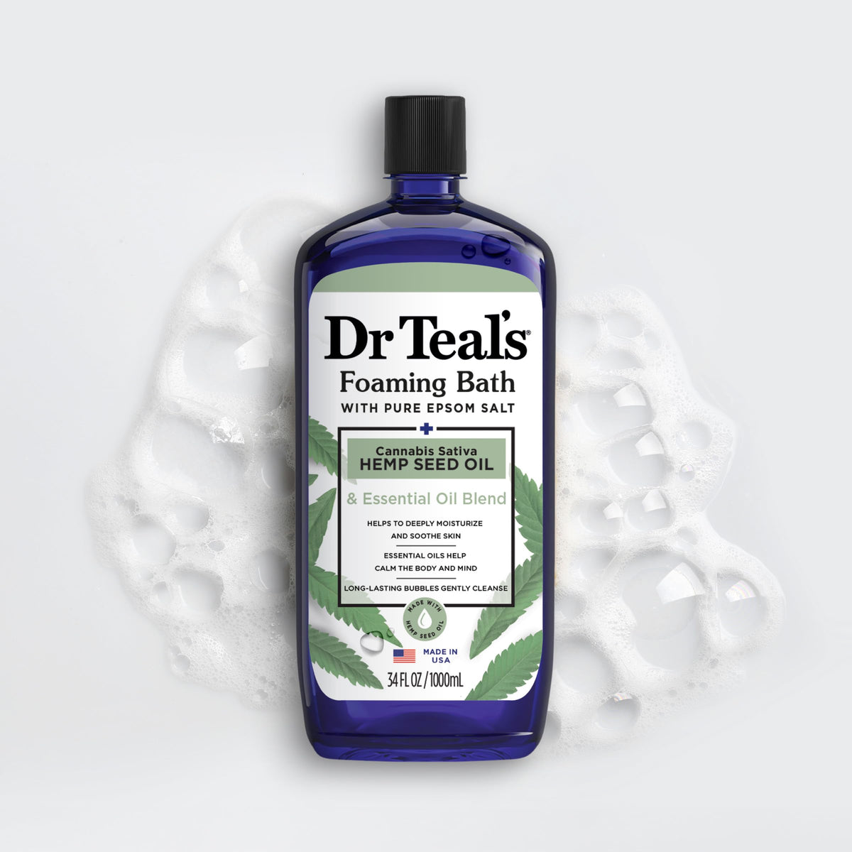 Dr Teal's ingredients label close-up highlighting Pure Epsom Salt and hemp seed oil