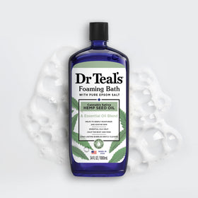 Dr Teal's ingredients label close-up highlighting Pure Epsom Salt and hemp seed oil
