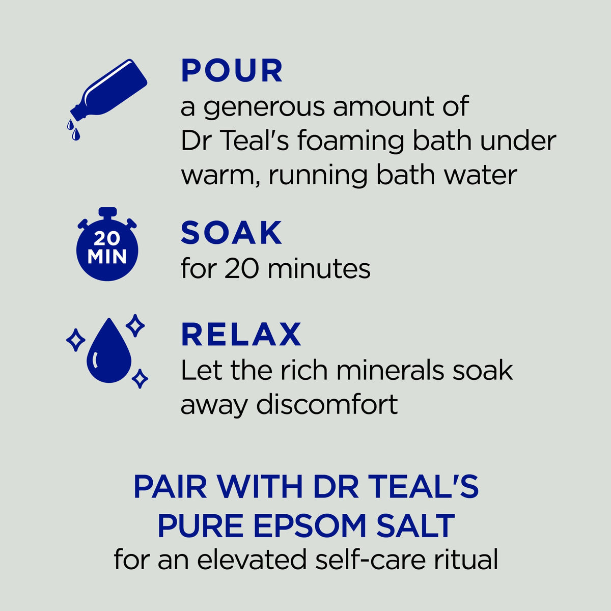 Dr Teal's foaming bath lather close-up showing long-lasting bubbles and gentle cleanse