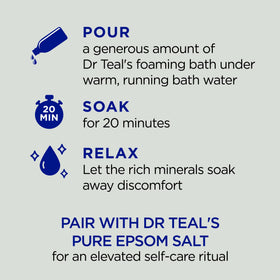 Dr Teal's foaming bath lather close-up showing long-lasting bubbles and gentle cleanse