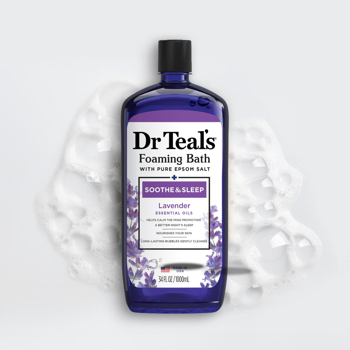 Dr Teal's lavender sprigs staged with bottle conveying natural scent and calming ambiance
