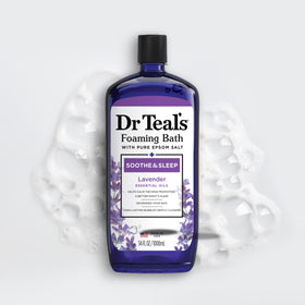 Dr Teal's lavender sprigs staged with bottle conveying natural scent and calming ambiance