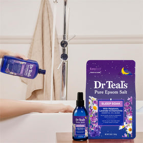 Dr Teal's foaming bath staged in a bathroom for a relaxing evening scene