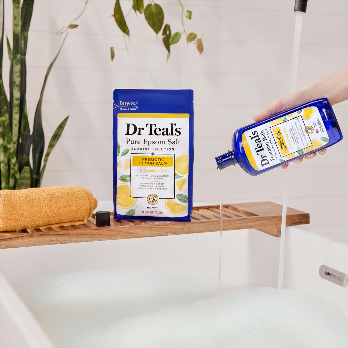 Dr Teal's four-bottle pack arranged to show value and extended supply for regular baths