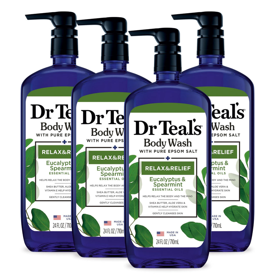 Dr Teal's front bottle image showing eucalyptus spearmint scent and convenience