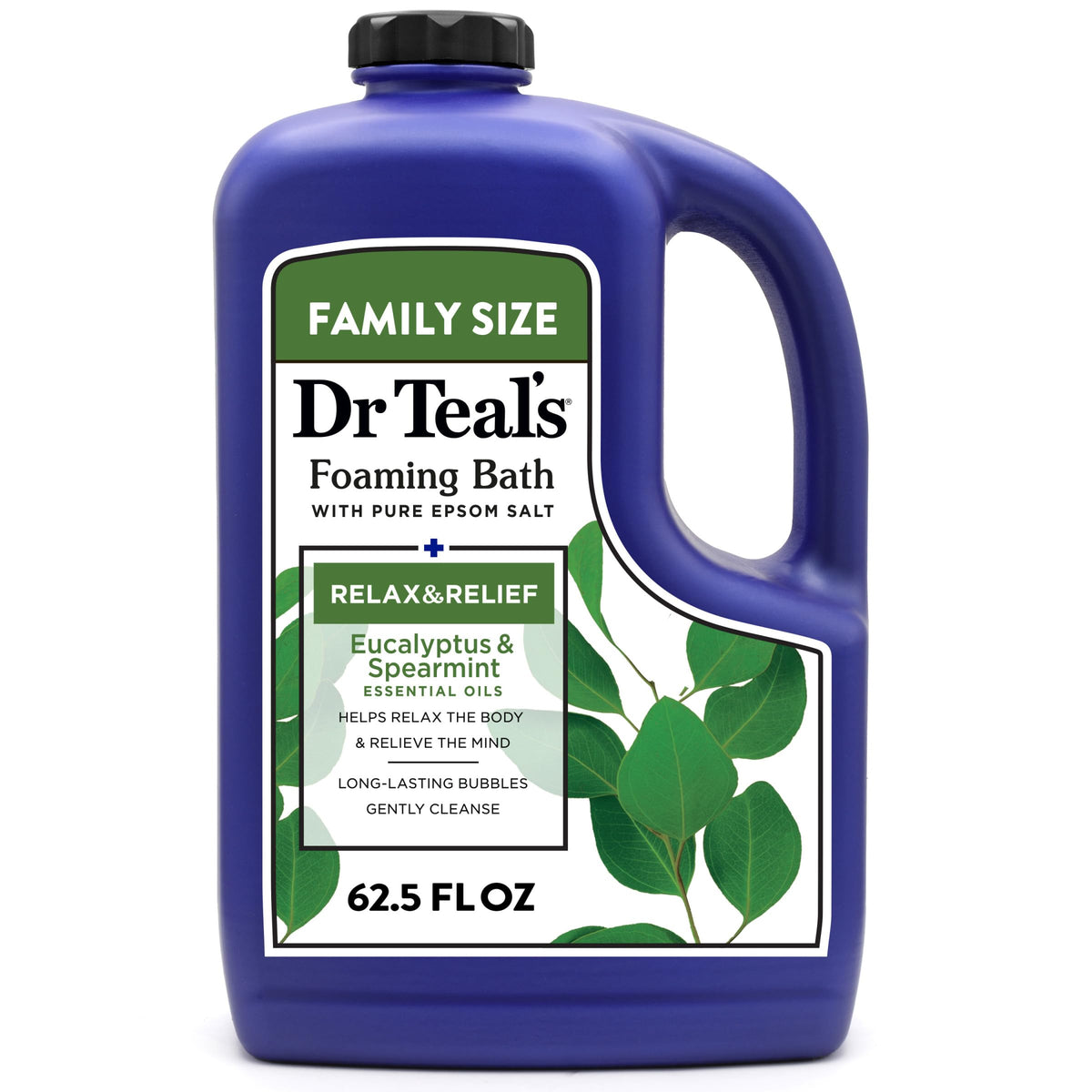 Dr Teal's front bottle showing eucalyptus and spearmint scent for calming baths
