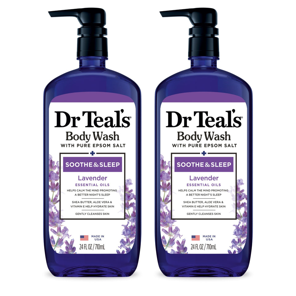Dr Teal's front bottle showing label and lavender scent benefits