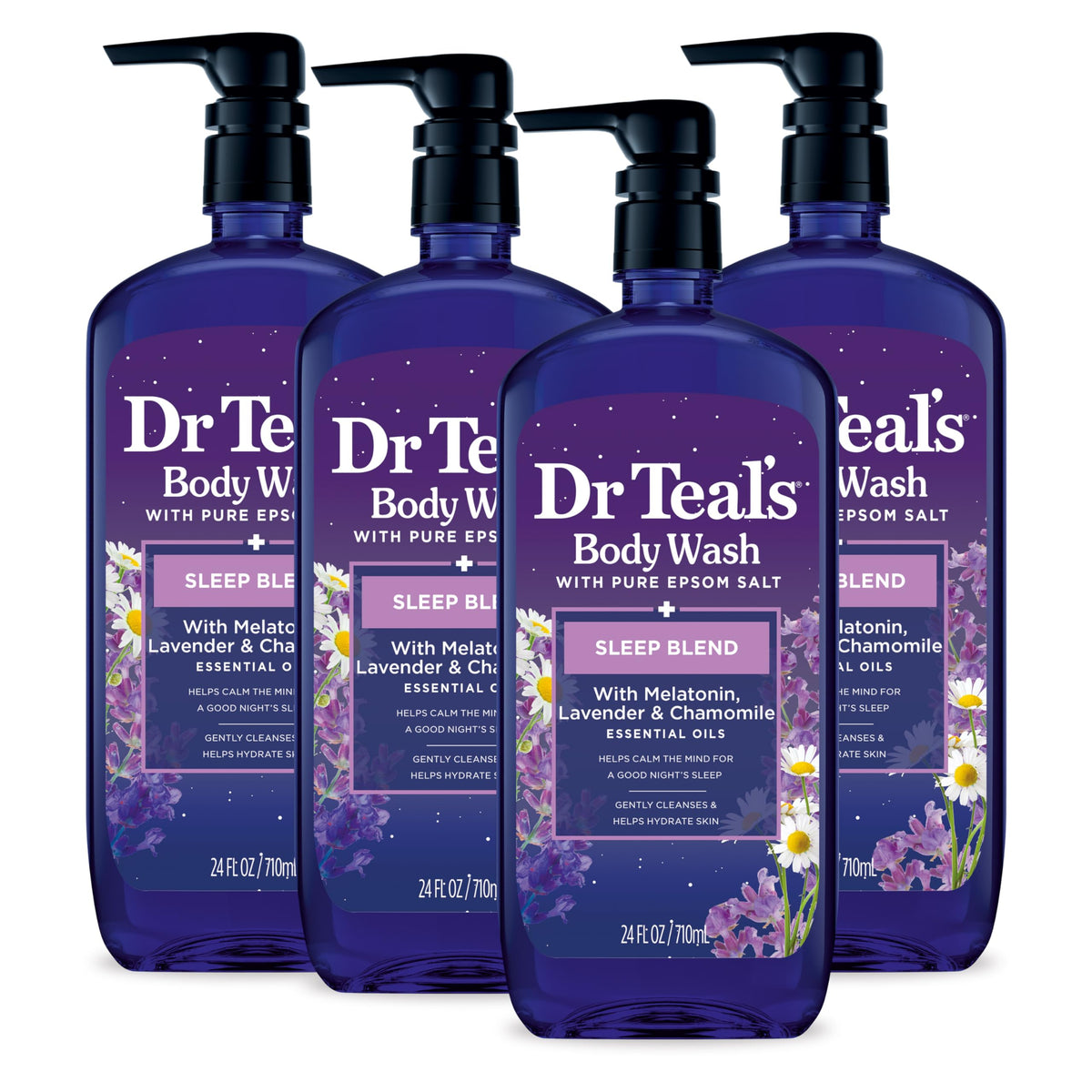 Dr Teal's front bottle sleep blend showing calming label and bottle benefit