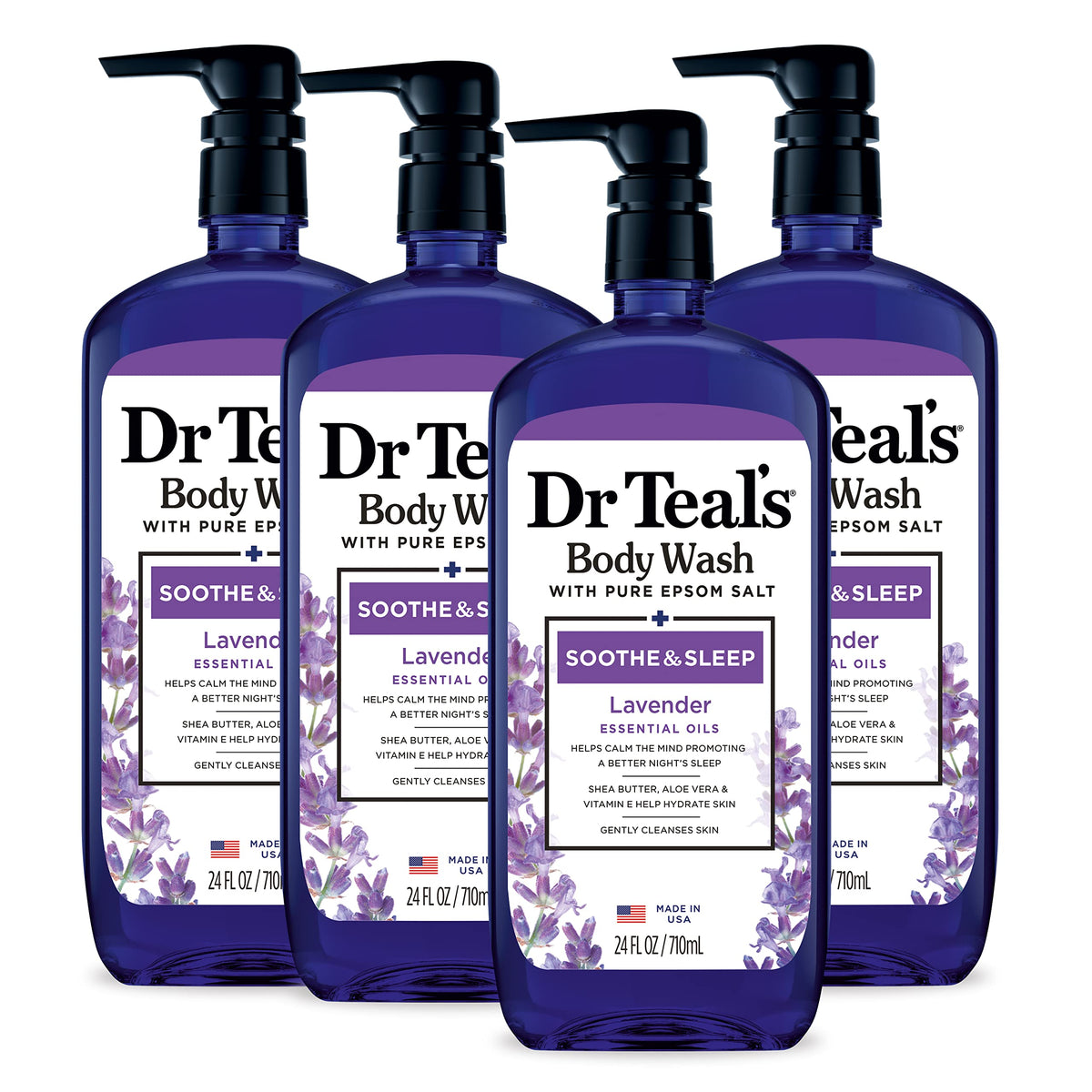 Dr Teal's front bottle showing label and lavender fragrance benefit