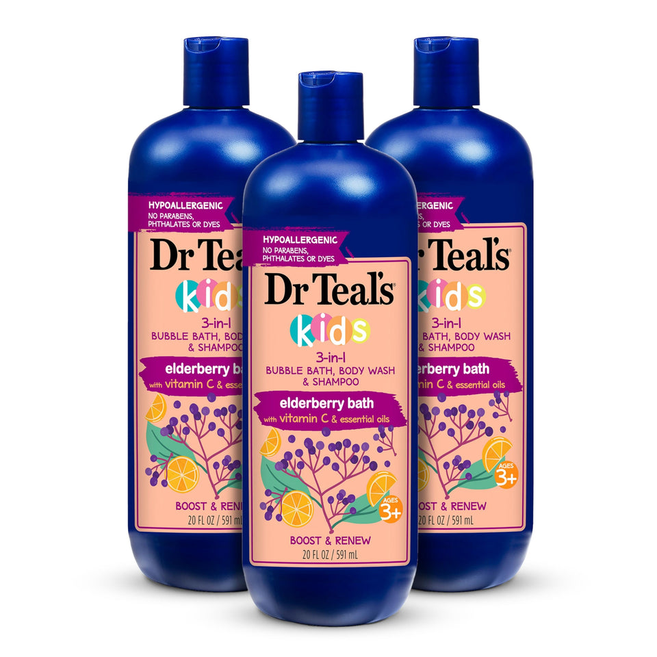 Dr Teal's front bottle view showing elderberry label and easy-pour cap benefiting quick use