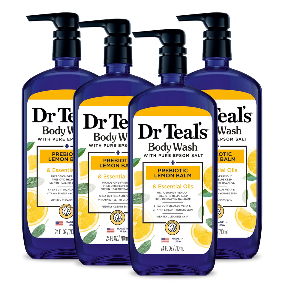 Dr Teal's front label of 24oz bottle showing brand and clear benefits
