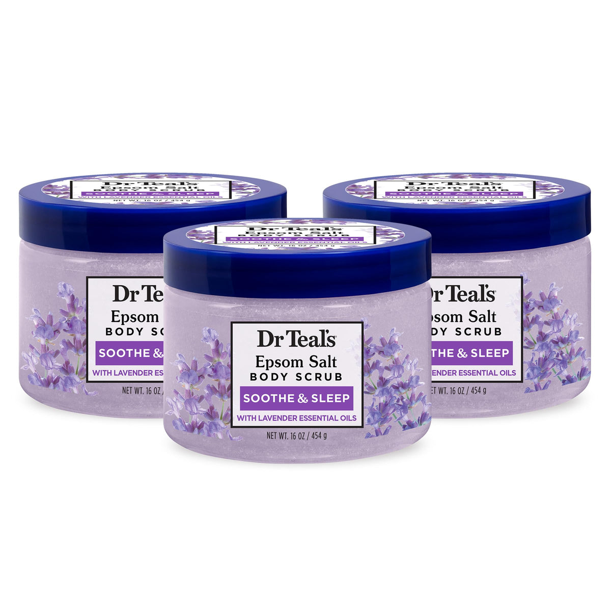 Dr Teal's front jar view showing lavender label and relaxing benefit