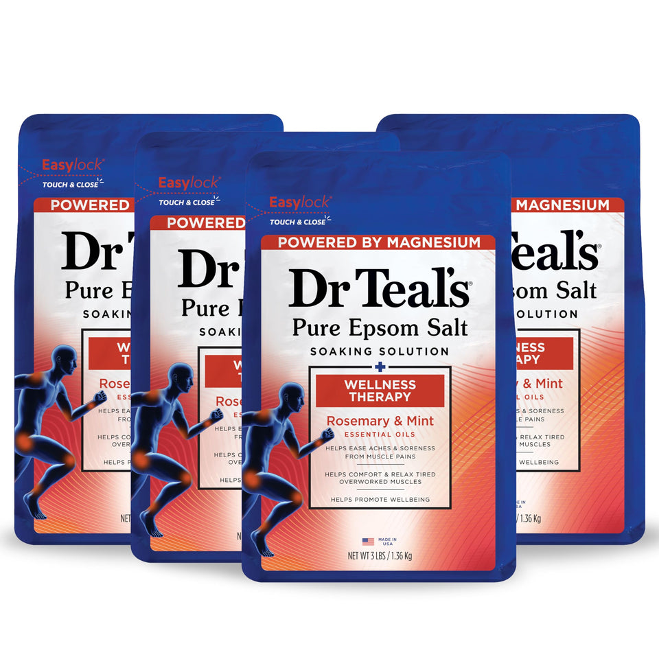 Dr Teal's front label showing rosemary and mint, clear benefit of soothing bath