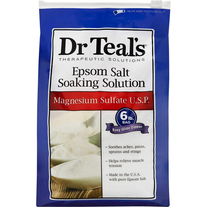 Dr Teal's front packaging showing 3 lb bag with resealable closure and clear labeling