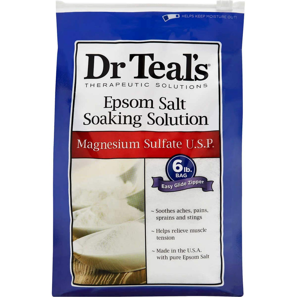 Dr Teal's front packaging showing 3 lb bag with resealable closure and clear labeling