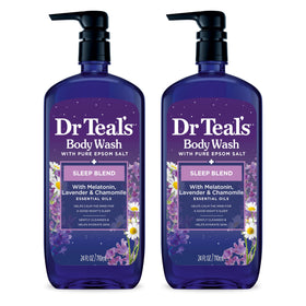 Dr Teal's front packaging showing two 24 fl oz bottles and product benefit