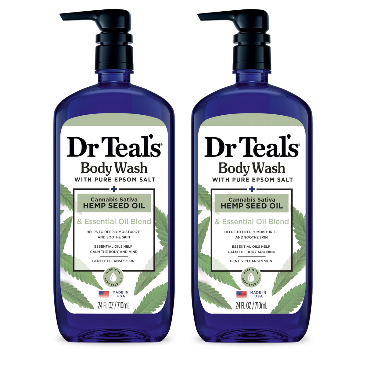 Dr Teal's front packaging showing hemp oil and Epsom salt benefits
