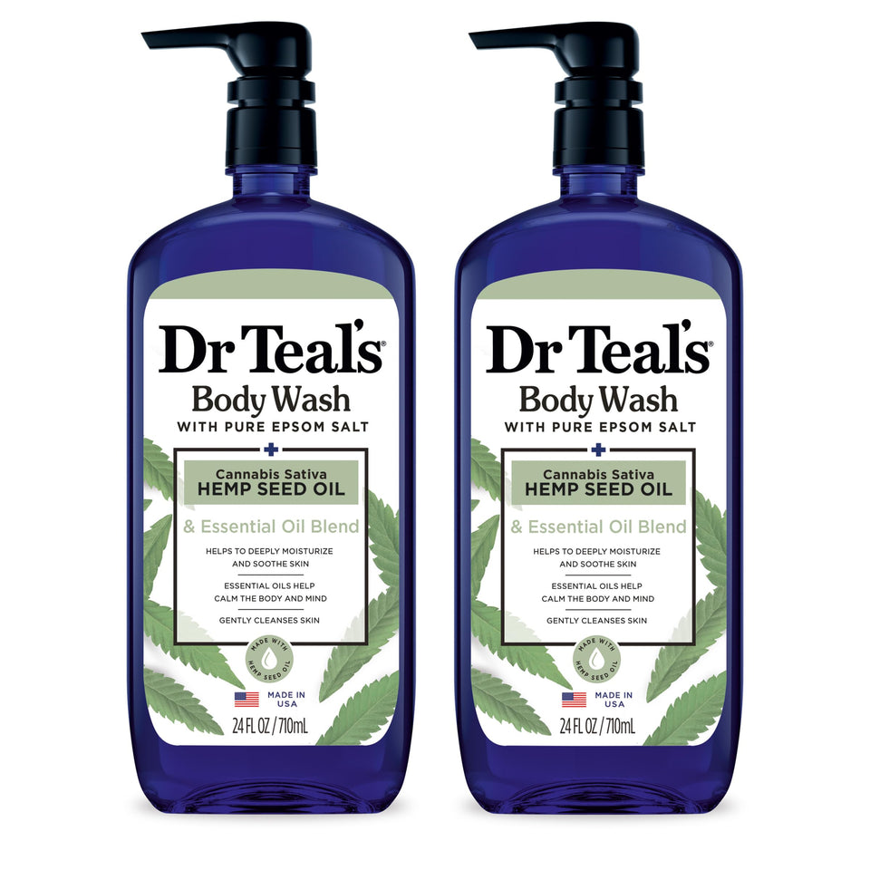 Dr Teal's front packaging showing hemp oil and Epsom salt benefits