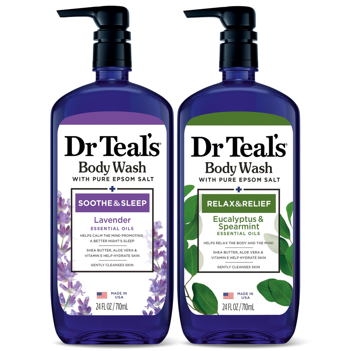Dr Teal's front packaging duo showing both 24 fl oz bottles and benefits