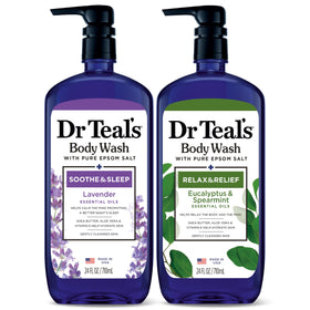 Dr Teal's front packaging duo showing both 24 fl oz bottles and benefits