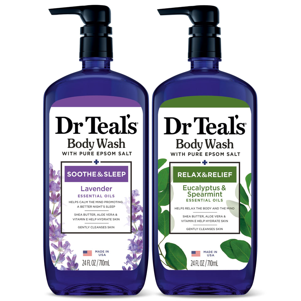 Dr Teal's front packaging duo showing both 24 fl oz bottles and benefits